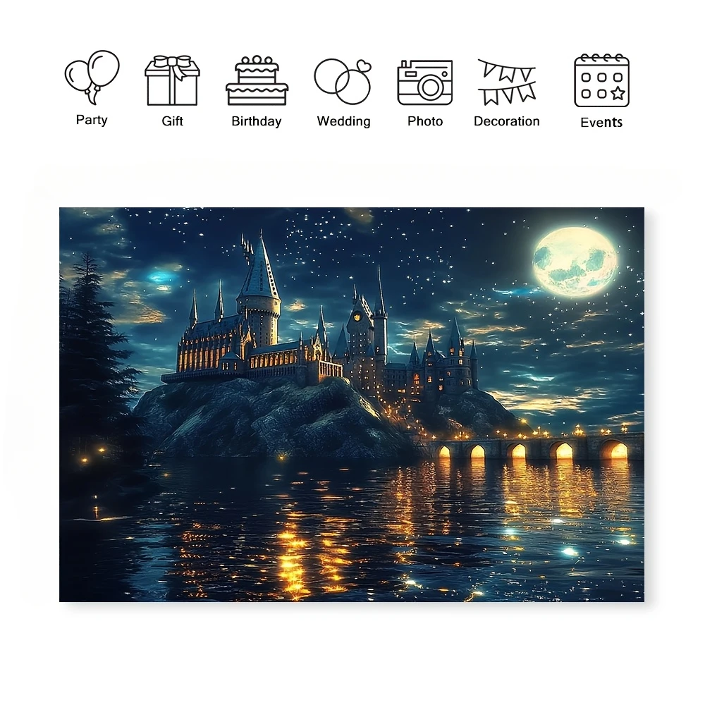 نسيج القلعة المسحور - مشهد ليلي سحري مع قمر وبحيرة لديكور المنزل والجمال الجمالي، مثالي لأي غرفة