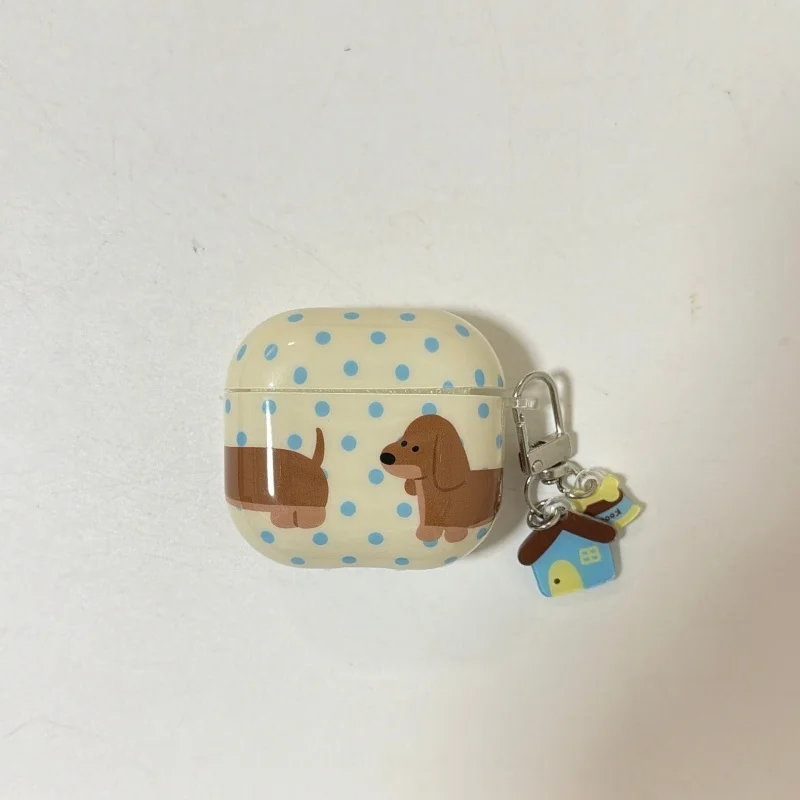 IMD Brown Sausage Dog Blue Dots Print Earphone Case with House Pendant for Airpods 1, 2, Pro, Pro2, Pro3, 3, 4, Dustproof