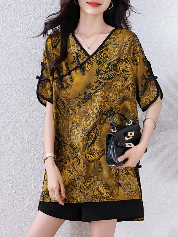 Cseta Fena de Manga Curta com Decote em V e Design de Botão, Csa Casual com Botões Assimétricos, Ajuste Solto, C...