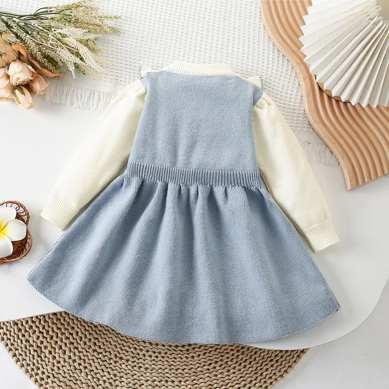 Girls Sweet Red Christmas Party Dress New Year Warm Sweater Dress Kids Clothing Long Sleeve Cute Flower Pink Knitted Dress