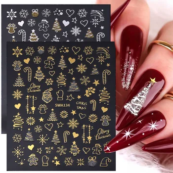 2pcs Gold Silver Christmas 3D Nail Stickers Reflective Glitter Xmas Tree Gingerbread…