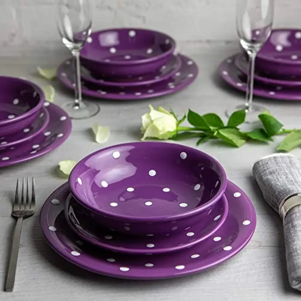 12 Piece Handmade Ceramic Dinnerware Set Purple White Polka Dot Tableware Service 4 Plates Bowls Dishwasher & Microwave Safe