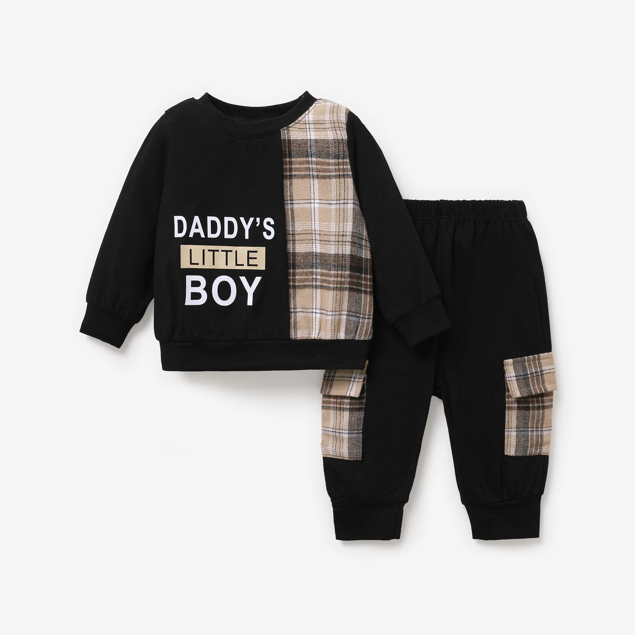 

PatPat 2pcs Baby Boy Cotton Letters Print Plaid Panel Long-sleeve Top and Cargo Pants Set