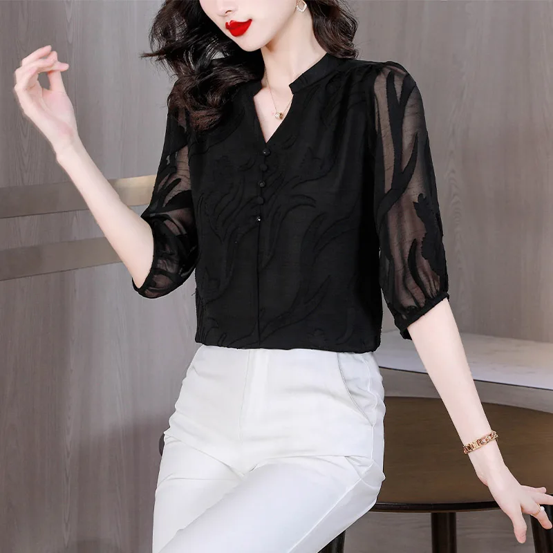 Women Clothing Elegant Fashion Hollow Out Chiffon Blouse Summer Casual V-Neck Solid Short Sleeve Shirts Office Lady Loose Tops