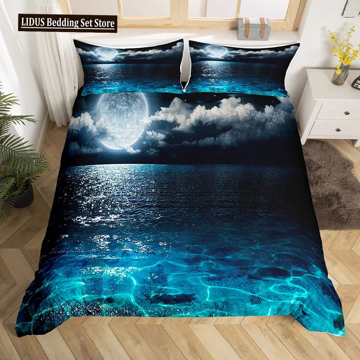 

Deep Ocean Duvet Cover,Seawater Bright Moon At Sea Starry Night Sky Galaxy Summer Hawaiian Holiday Comforter Cover,Bedding Set