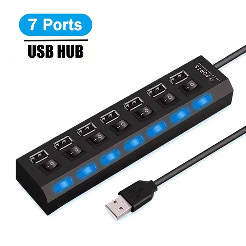7 Port USB 2.0 Hub Splitter For Laptop Computer Accessories Power Adapter Separate Switch Design Computer Accessory Splitter Box