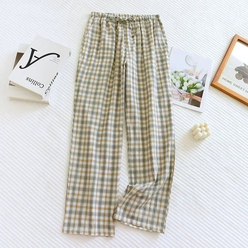 ฤดูใบไม้ผลิฤดูร้อนกางเกงหลวมสําหรับ Sleep และลายสก๊อตสบายๆผ้าฝ้ายยืดหยุ่นกางเกงผู้ชายเอวบ้านผู้หญิง/ชุดนอน