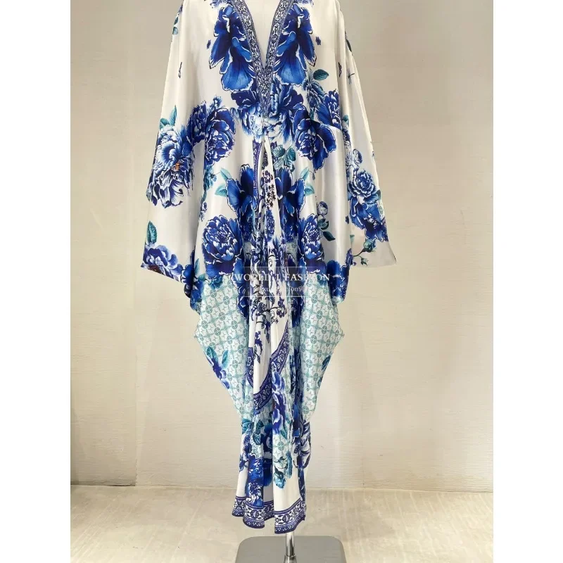 Sukienka midi z długim rękawem w kwiatowy wzór, luźny krój, wysoka jakość, jedwab, niebieska róża, styl 2025