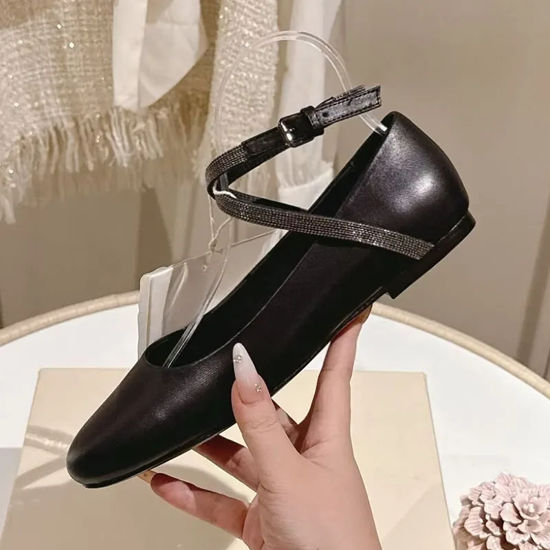 Spring Women's Round Toe Genuine Leather Ballet Flat Shoes String Bead Ankle Strap Mary Jane Shoes Shallow Mouth Single Shoes