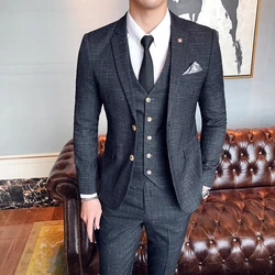 S-7XL ( Blazer + Vest + Pants ) Groom Wedding Dress Dark Plaid Classic Retro Men's Formal Business Suit Three-Piece Set