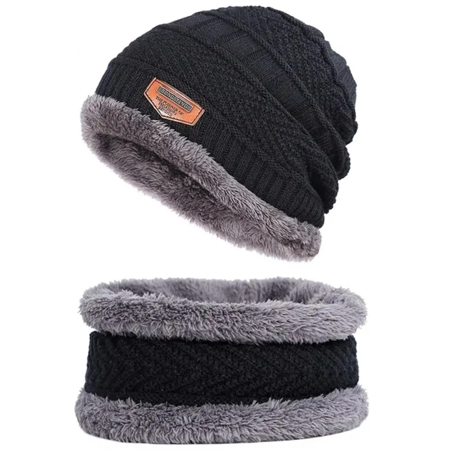 Autumn Winter Geometric Pattern Knitted Hat Scarves with Fleece Ear Protection, Cozy and Stylish Hats for Cold Weather