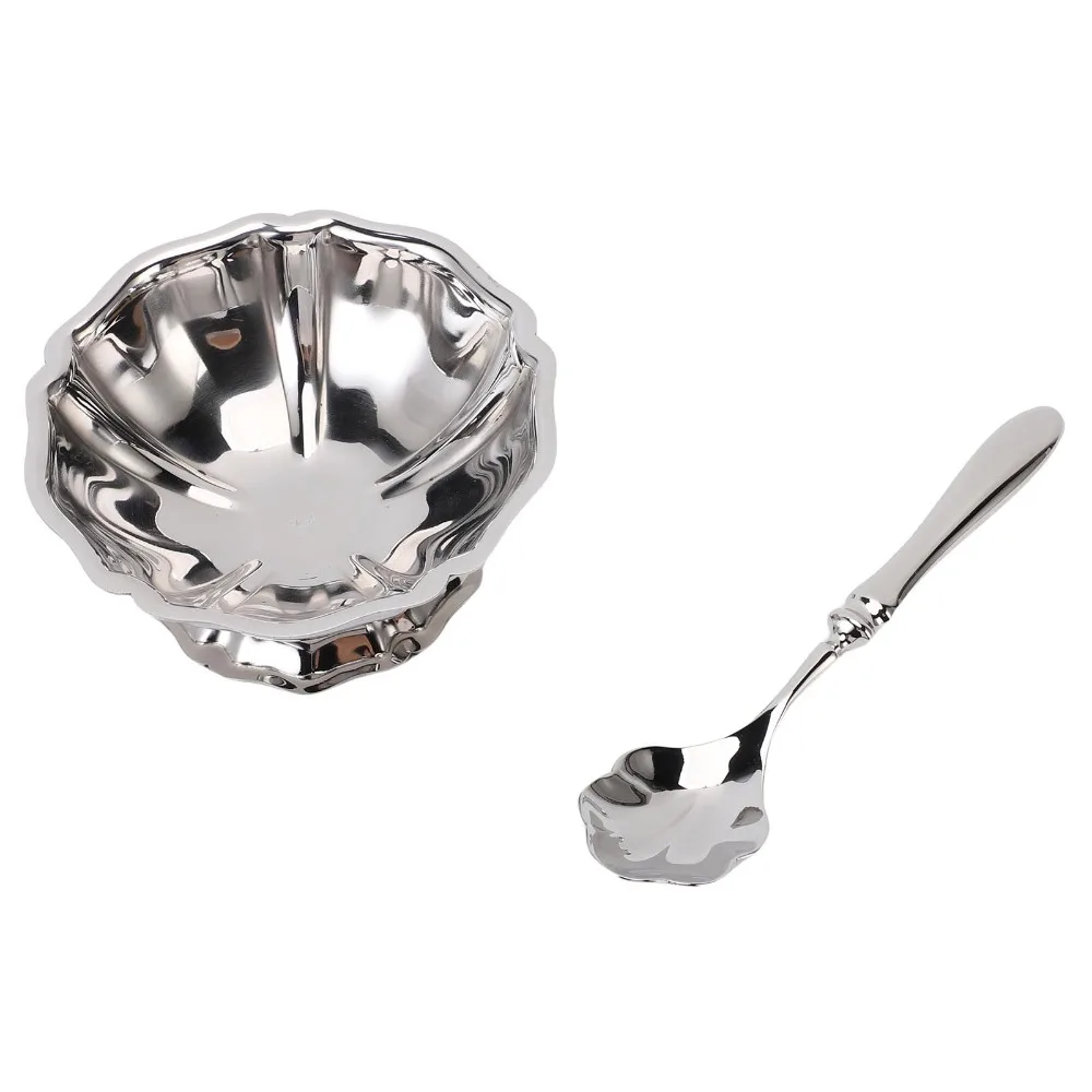 1Set Rustless Steel Ice Cream Cup Seamless Inner Flower Outline Dessert Serving Bowl with Spoon Thickened Anti-deform