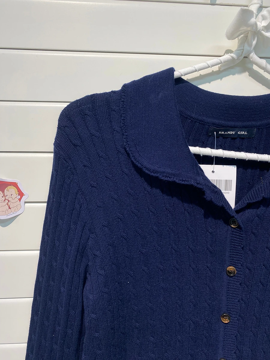 Navy Twist Babydoll Collar Cardigan Women Autumn New Lace Trim Cotton Buttons Knitted Jumper Cute Sweet Preppy Style Sweaters