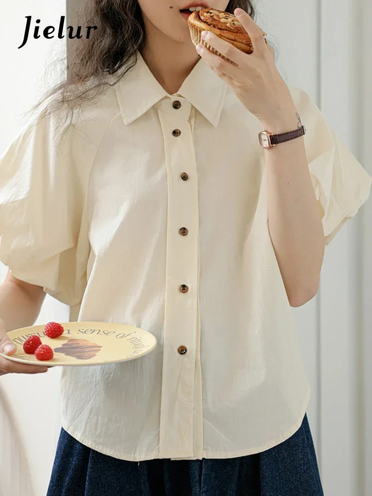 

Jielur Summer Loose Single Breasted Female Shirt Vintage Solid Color Puff Sleeve Turn-Down Collar Women Shirts New Office Ladies