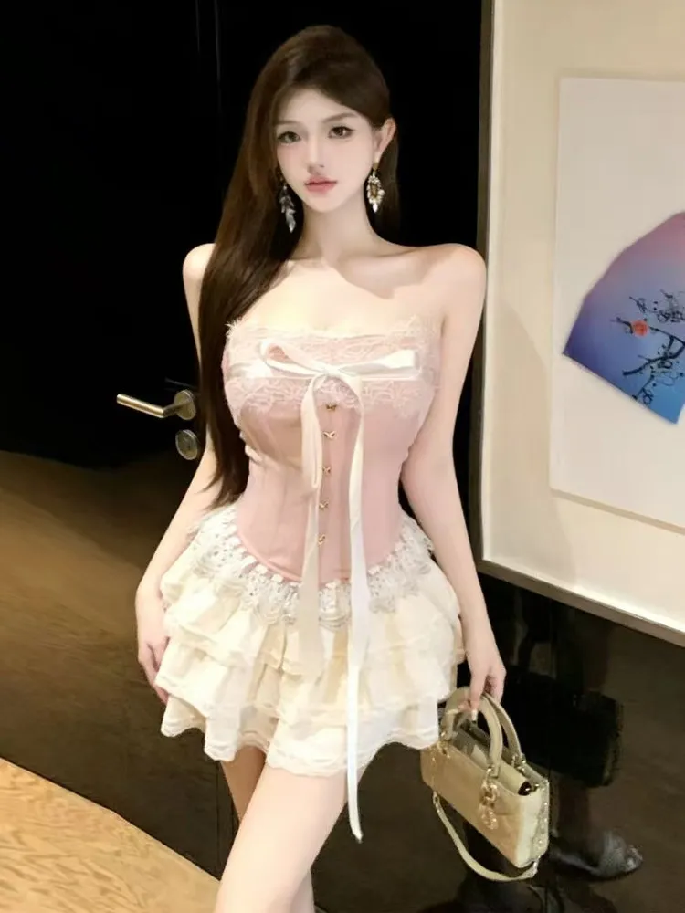 

Sweet waist cinching two-piece set female off shoulder sexy bow lace vest and high waisted fluffy mesh cake short skirt