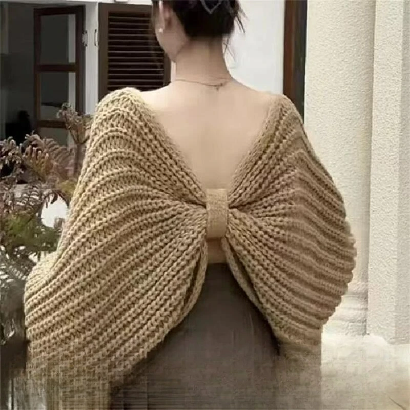 Backless Knitted Sweater for Women, Autumn and Winter Vintage Loose Lazy High-end Elegant Sweater