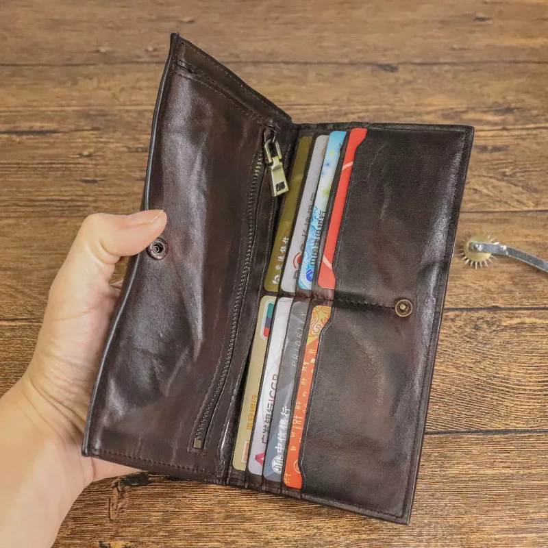 2025 Layer Cow Skin Plant Tanned Leather Hand-made Old Pleated Long Wallet Men's Multi-card Money Clip Clutch Bag