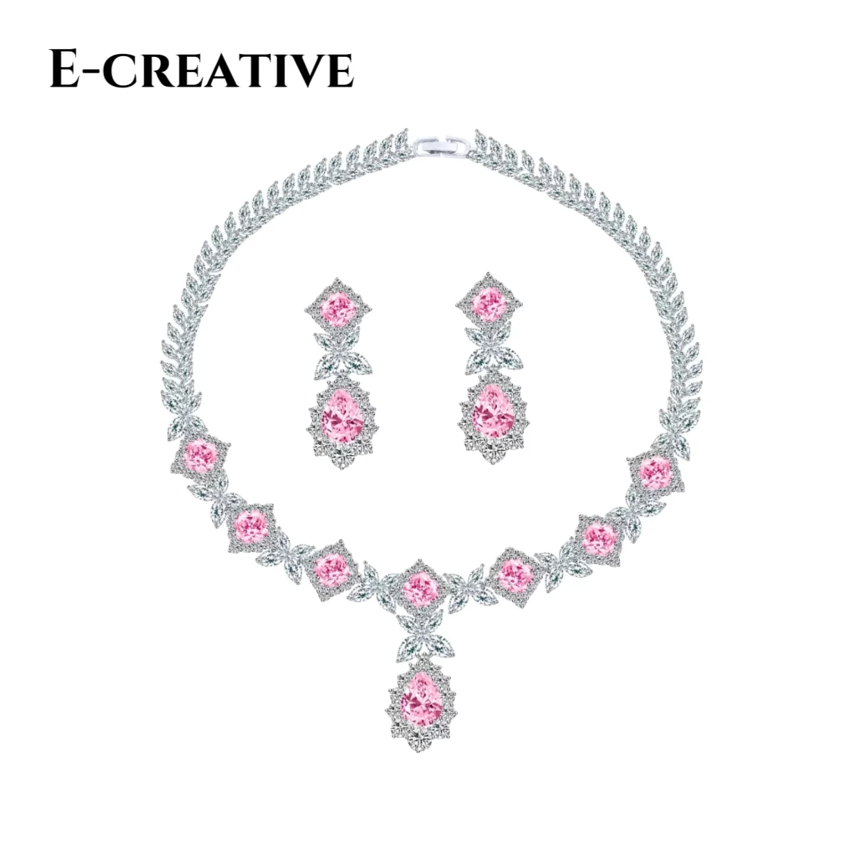 

European and American popular jewelry fashion pink zircon necklace earrings two-piece party dinner dress bride accessories set