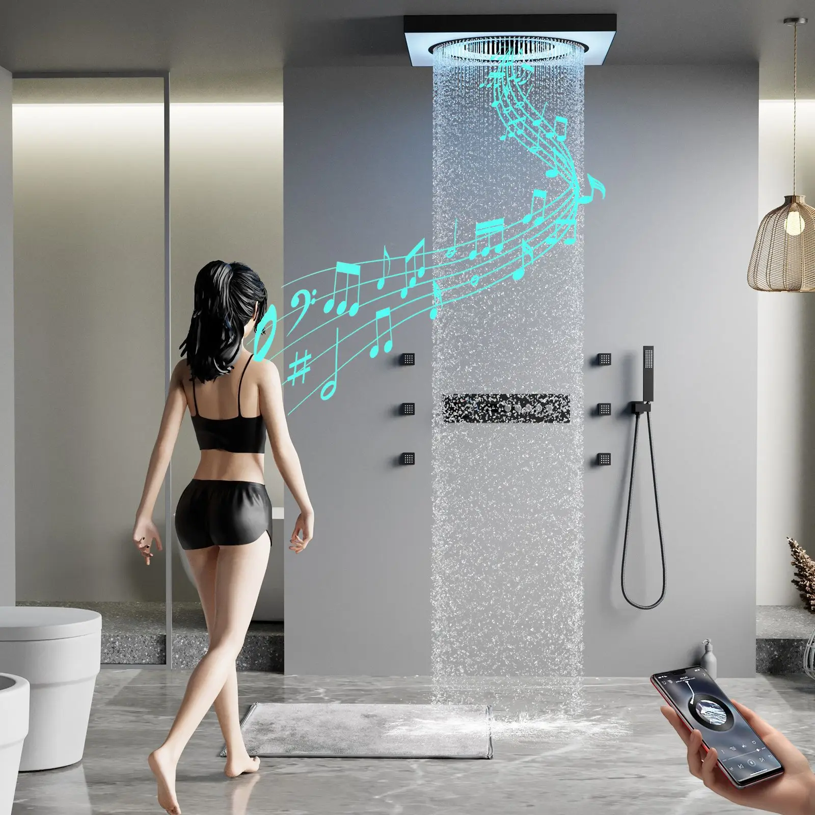 Concealed showerhead shower set, embedded constant temperature digital display LED music shower, luxurious top spray