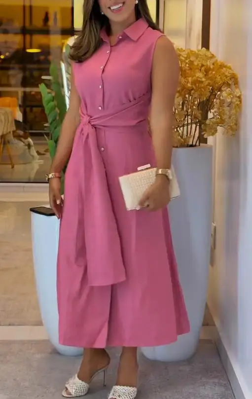 2025 moda sem mangas cintura cinching camisa vestido para o verão feminino cor sólida lapela botão amarrado cintura cinching camisa vestido