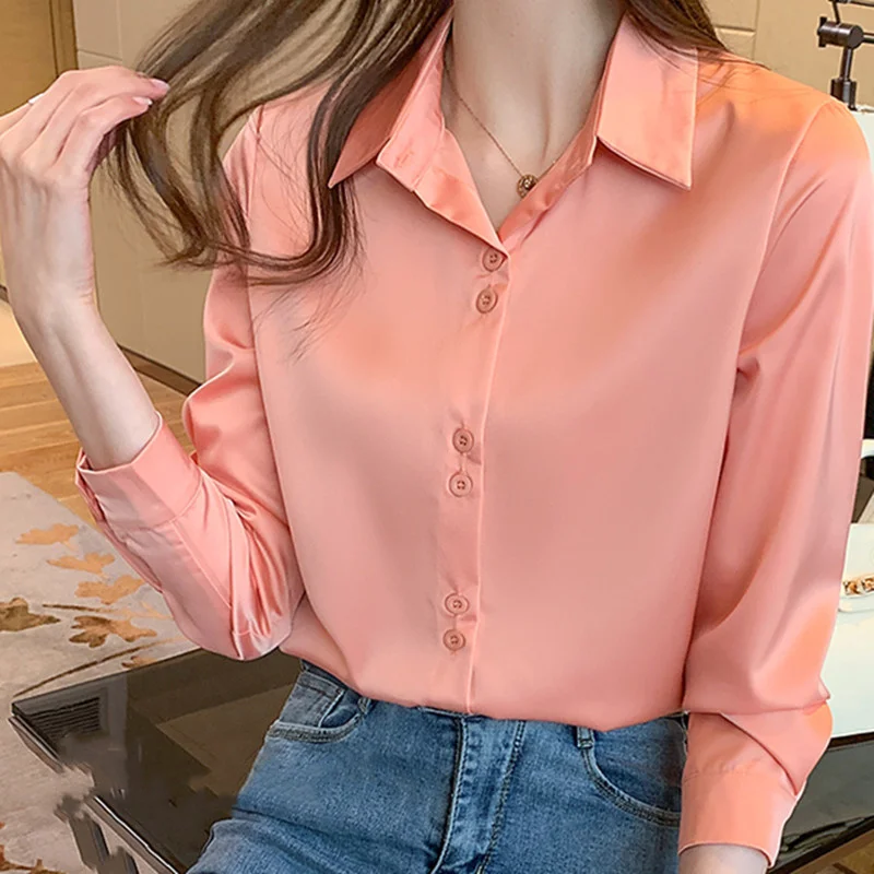 

Women's Silk Shirts V-neck Solid Laides Tops Womens 2023 Spring Fashion Satin Long Sleeve Blouses Button Up White OL Vintage Top