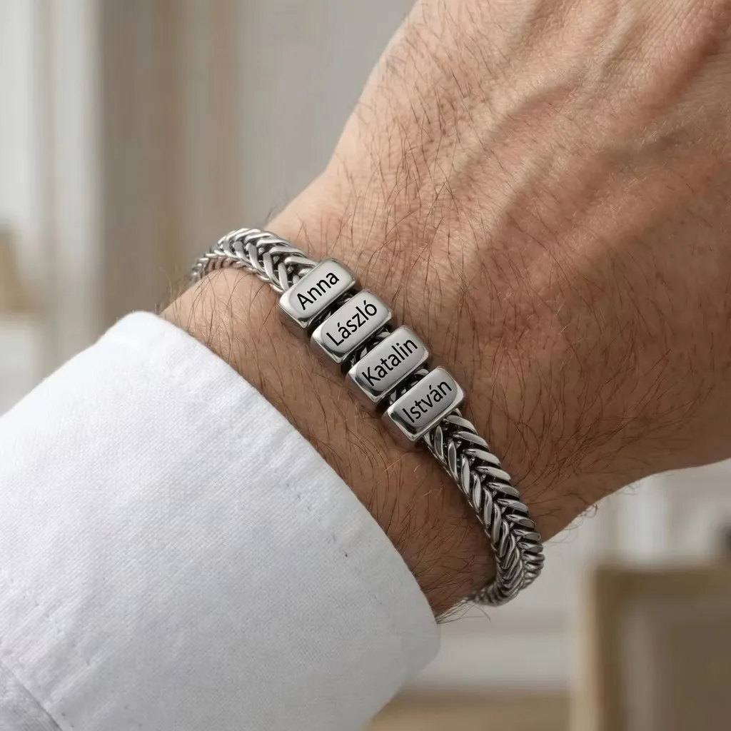 Personalized Names Stainless Steel Beaded Bracelet Custom Names Bracelet Bangle For Couples Father's Day Gift Boyfriend Papa Dad