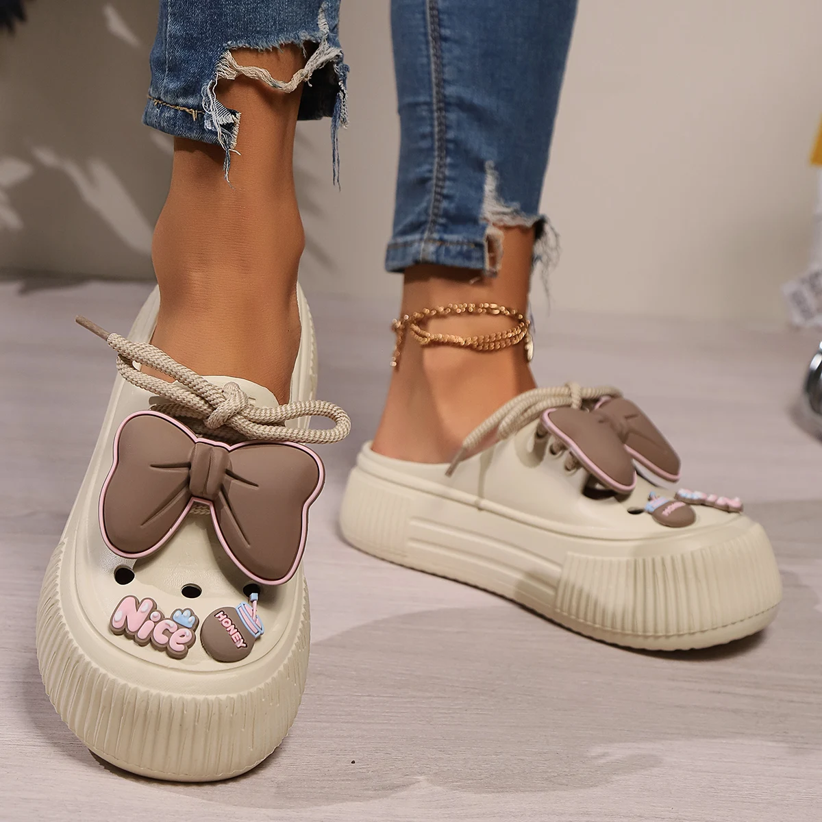 Summer Women Slippers Platform Bow Decoration Clogs Garden Shoes Comfortable Beach Sandal Chunky Slippers Soft Slides For Female