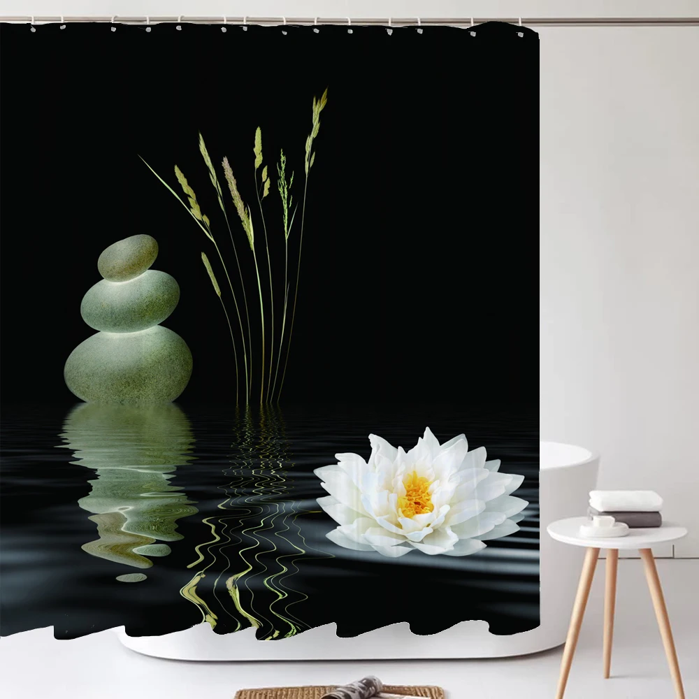 Zen Stone Black Flowers Shower Curtain Set Toilet Seat Cover Bathroom Non-Slip Carpet Bath Mat Rugs Waterproof Bathtub Curtains