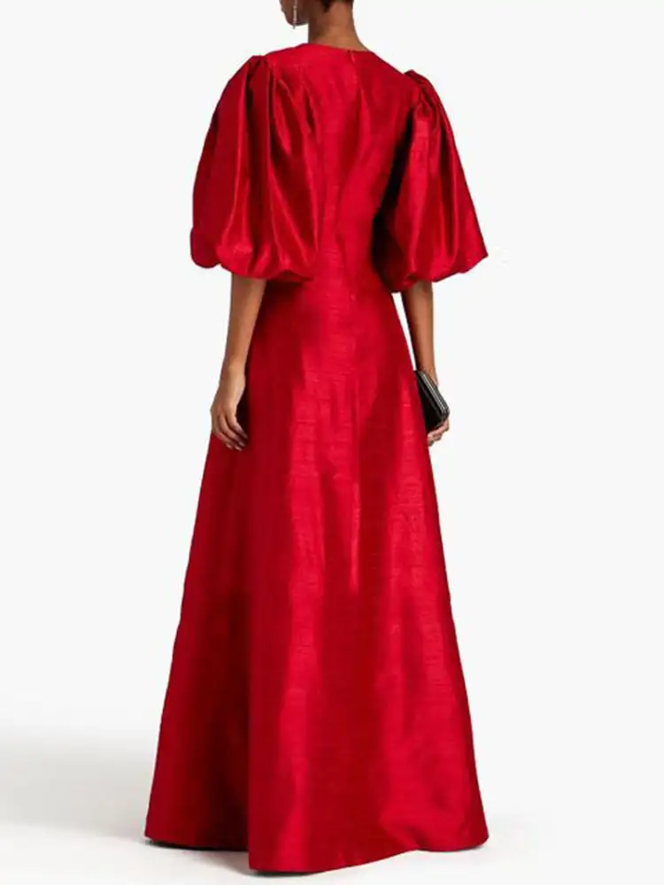 Modest Red Satin Loose Women Formal Dresses Short Puff Sleeves A-line Long Maxi Dress Women Robe kaftan