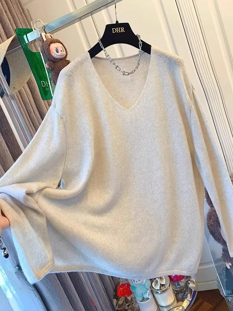 

Korean Minimalist Lazy Style V-Neck Long Sleeve Knitted Sweater Women's Loose Inner Wear Autumn Winter New Arrival