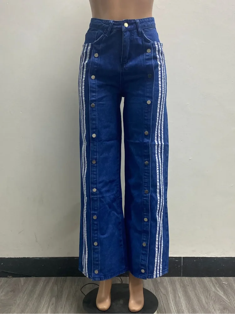 High Street Washing Side Breasted Denim Pant High Waist Casual Denim Pants Straight Trousers 2025 New Lady Y2k Denim Trousers