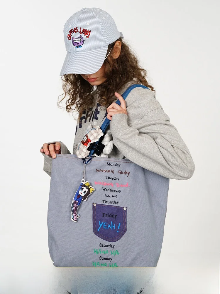 TIPSEVEN Original Design Office Lady Series Embroidered Letter Canvas Shoulder Bag Casual Simple Style Unisex Crossbody Bag