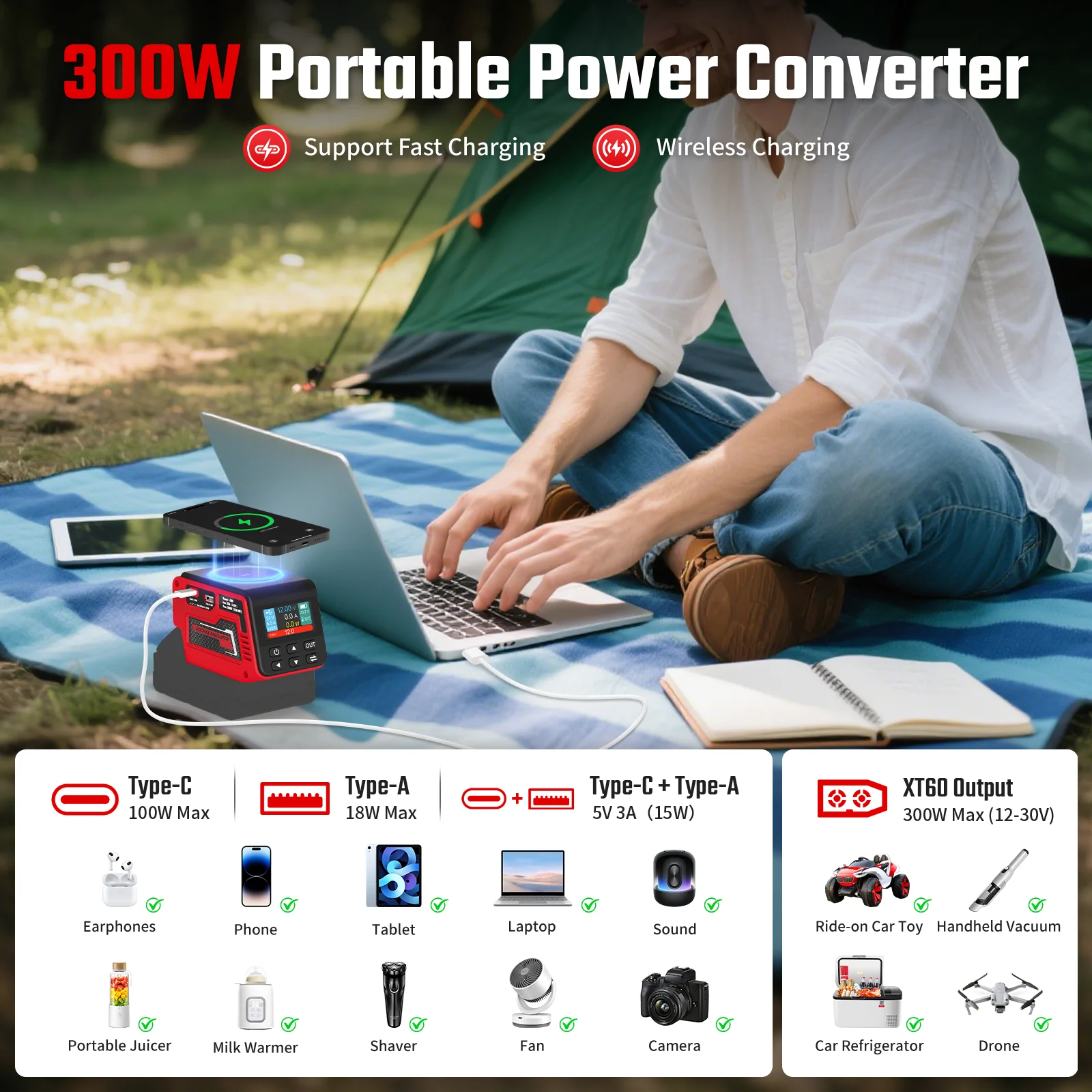 Kzreect 300W電圧レギュレーター ワイヤレス充電& - Camping Quad のレビューと価格
