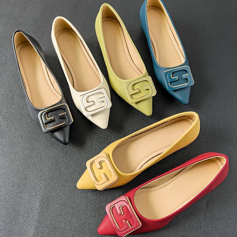 Womens Soft Leather Luxury Designer Low Heels 3cm Pumps Pointy Toe OL Spony Comfortable Shoes For Narrow Feet 33-45 27cm Yellow