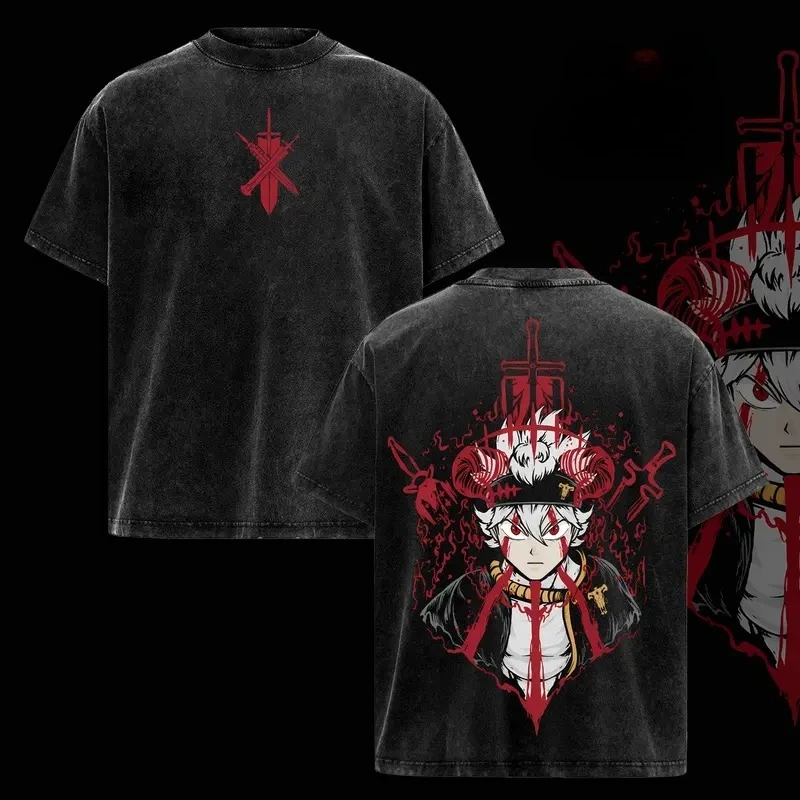 Anime Black Clover Asta Graphic T Shirt Men Women Short Sleeve Clothing Oversized Tshirt Washed Cotton Tee Harajuku Male T-shirt