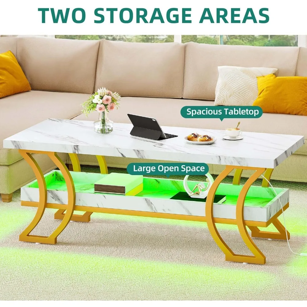 طاولات القهوة الحديثة لغرفة المعيشة طاولة القهوة الرخامية البيضاء طاولة القهوة Led مع تخزين طاولة مركزية خشبية من طبقتين