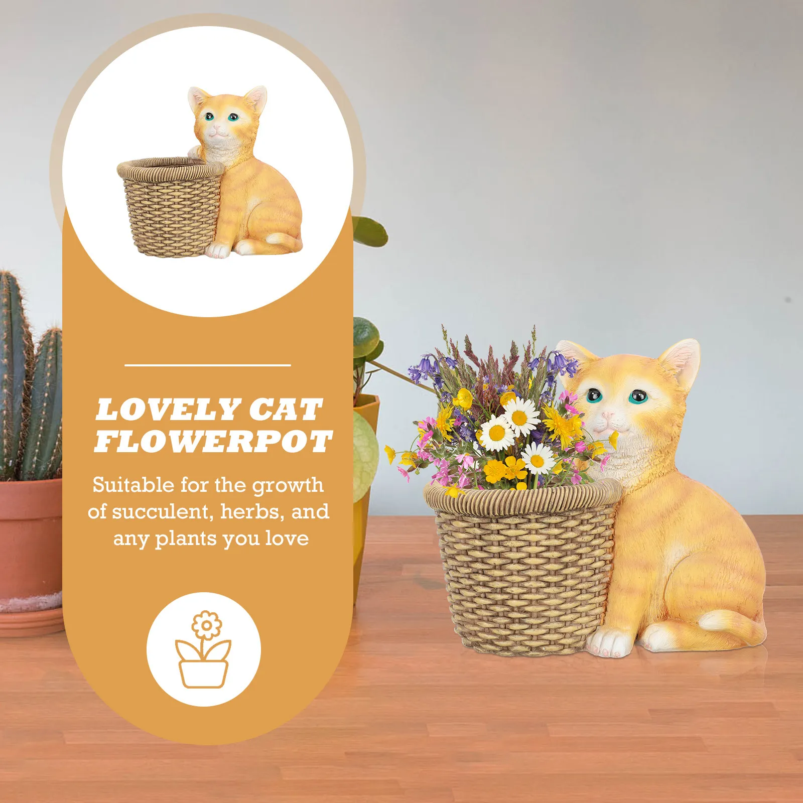 

1 шт. Декоративный горшок для растений в виде мультяшного зеленого растения с изысканным дизайном кошки, из смолы, для рабочего стола, дома и офиса