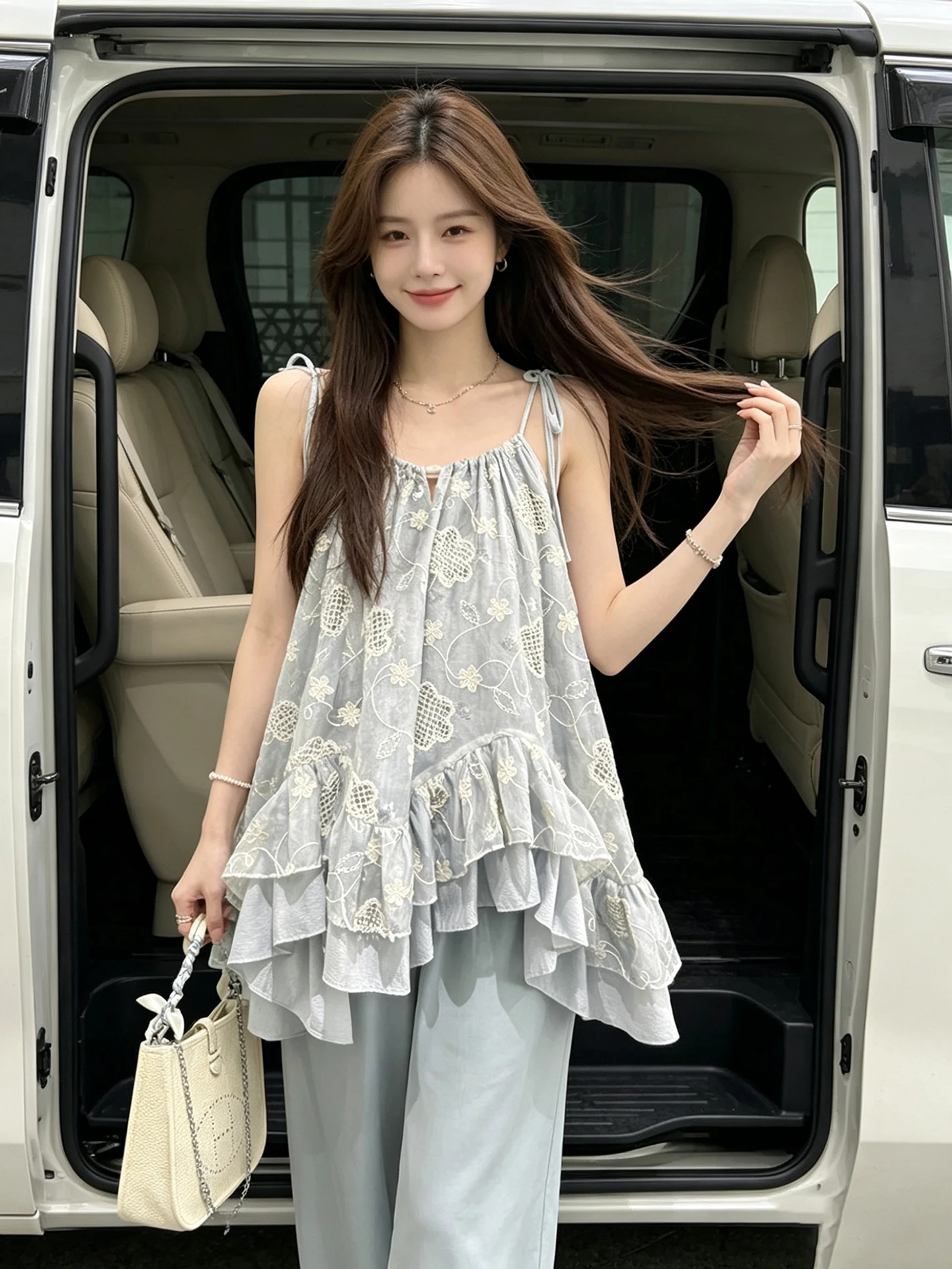 

Heavy Embroidery Strap Women's Loose Elastic Neckline Asymmetrical Hem Sleeveless Top Summer Outerwear Fairy Atmosphere