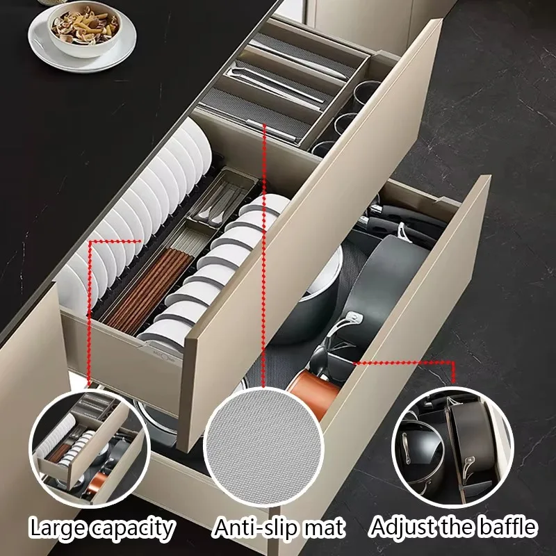 Aluminum Alloy 2-Tier Kitchen Cabinet Drawers Pull-out Slide-Out Built-in Basket Organizer with Dish Rack