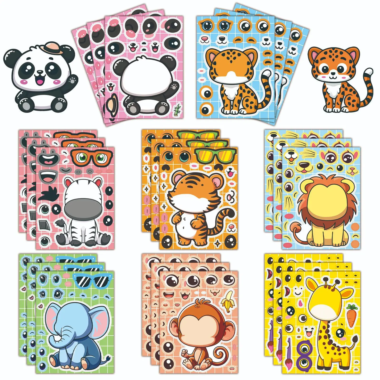 8 Sheets Cartoon Animal Puzzle Stickers Make a Face Cartoon Decals Stationery Notebook Phone Laptop Decoration Stickers