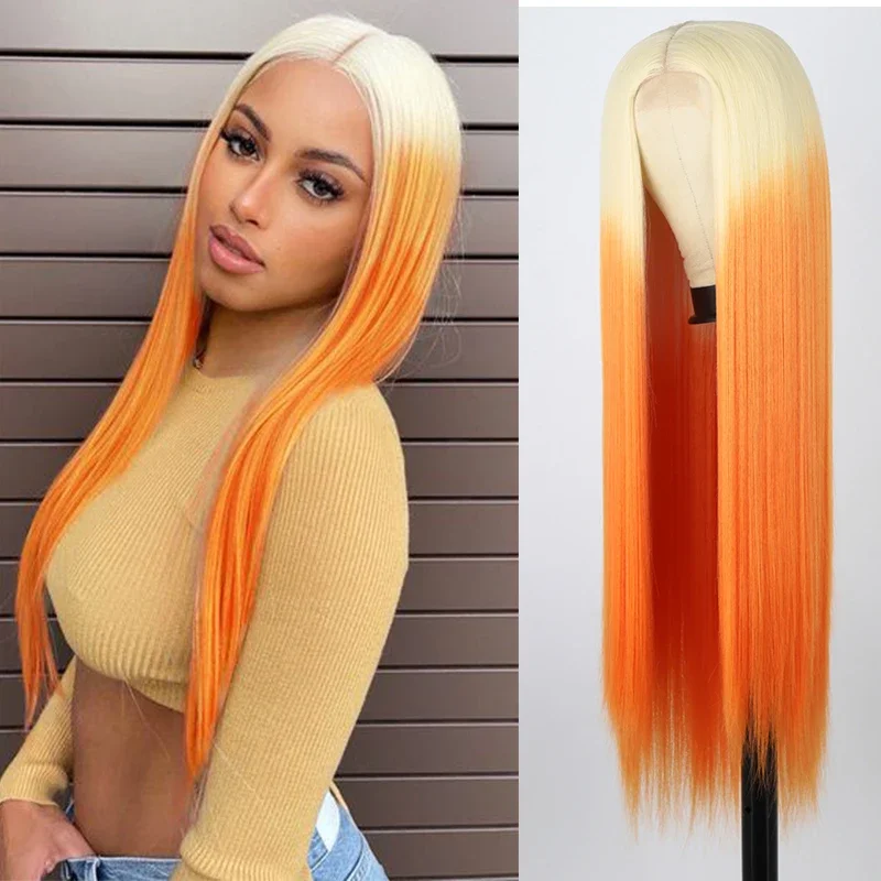 Long Straight Hair Wigs Blond Ginger Orange Middle Part Wig for Women Ombre Synthetic Cosplay Wig Heat Resistant Fiber Fake Hair