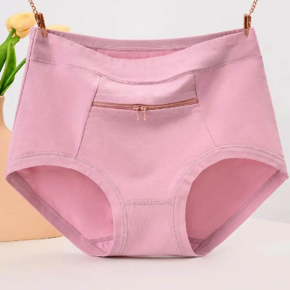 Zippered Pocket Women High Waist Breathable Cotton Underwear with Anti-theft Zipper Pocket for Women Middle-aged Grandmas