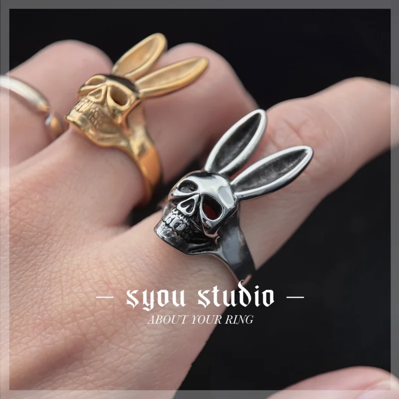 Rabbit  Animal Skull Stainless Steel Ring Men\'s Punk Domineering Style Gold Color Jewelry Party Fashion Unisex Retro Gift For Wo