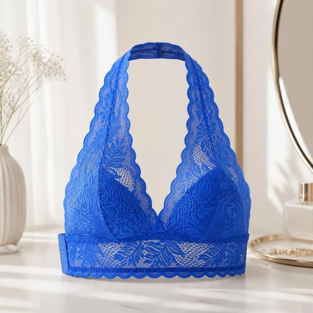 Vestenartiger Neckholder-BH mit Spitze, Push-Up-Effekt, transparentem Netzstoff, Schönheitsrücken, seitlicher Schnalle, unsichtbarer, drahtloser BH für den täglichen Gebrauch. – Detail 9