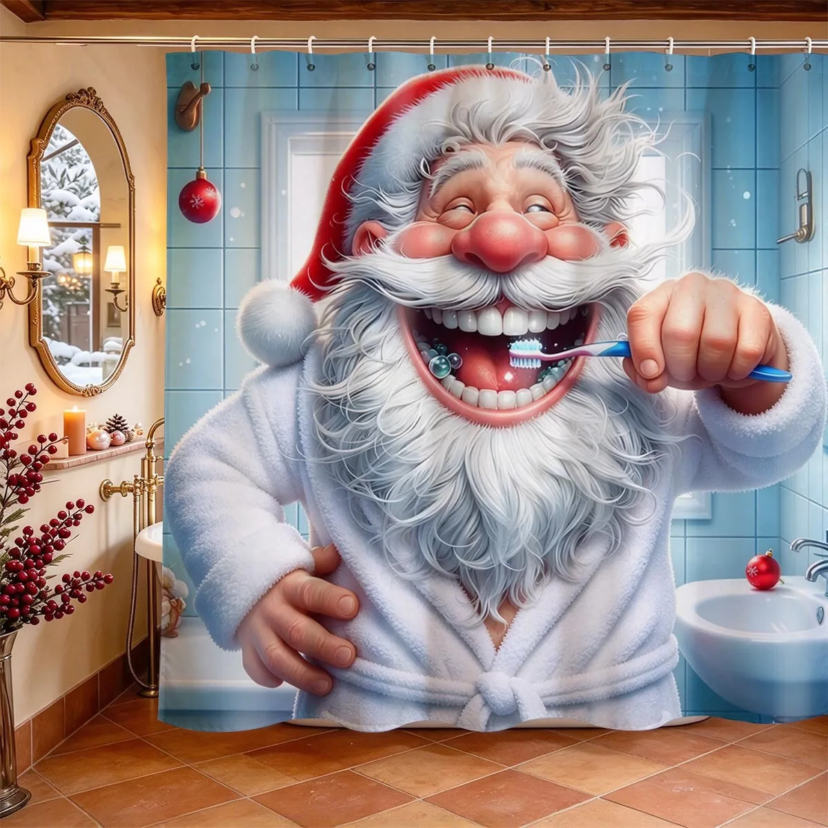 Christmas Shower Curtain Funny Santa Brushing Teeth Print Waterproof Polyester Bathroom  Xmas  Home Decor with Hooks