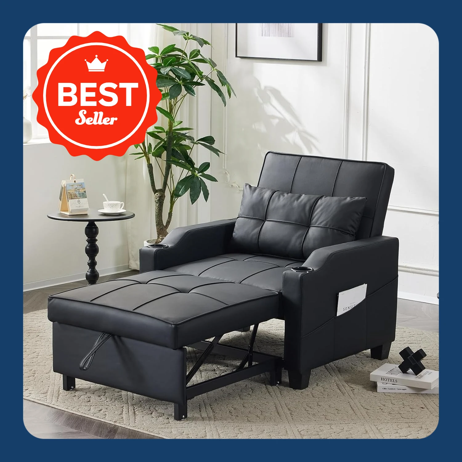 

Sleeper Chair Convertible Sofa Bed with USB/Type C Ports 3-in-1 Pull Out Sofa Bed Adjustable Reading Chair with Cup Holders