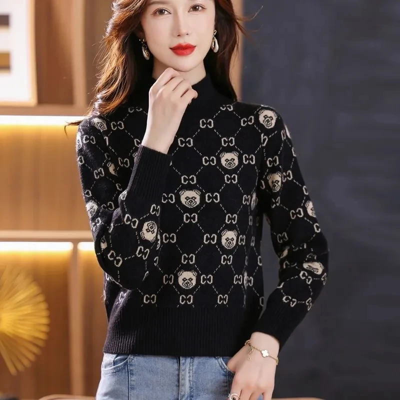 Autumn Winter New Knitted Letter Jacquard Sweaters Women Elegant Cintage Fashion Loose Pullovers Chic Comfortable Knitwear