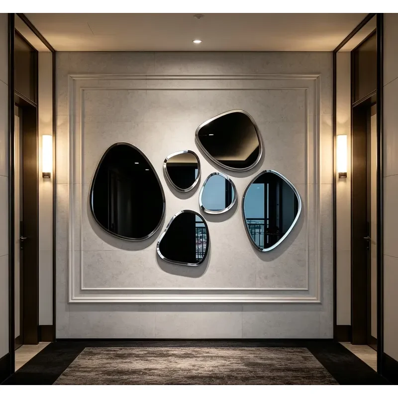 Modern Irregular Pebble Shape Wall Mirror Set 6pcs Stainless Steel Beveled Glass Decor for Living Room Bedroom Hotel Home Art