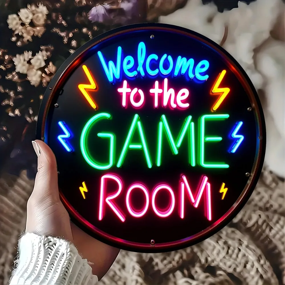 Vintage Welcome to the Game Room Neon Effect Round Tin Sign, Retro Colorful Lightning Bolt Gamer Quote Metal Wall Art, Rustic Ga