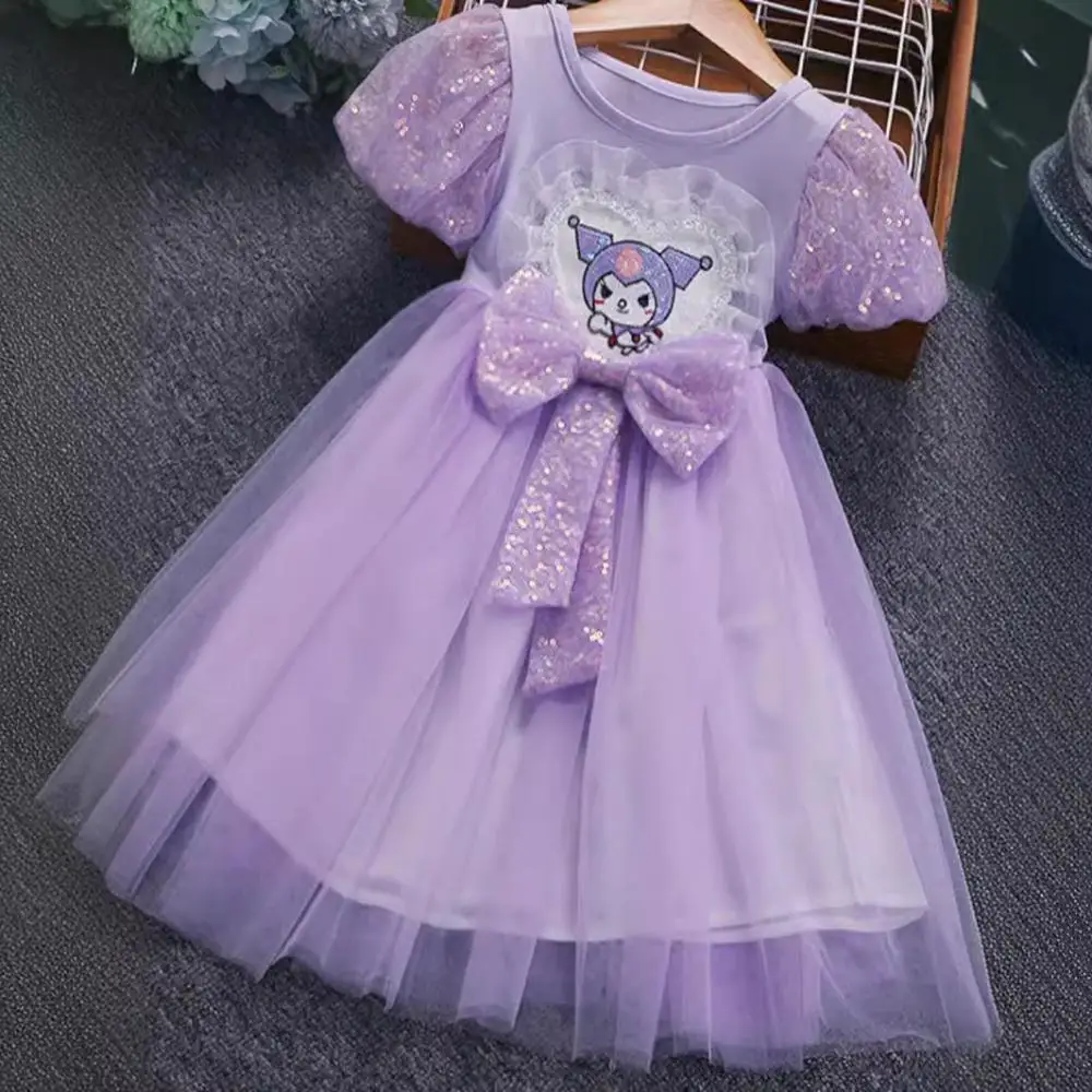 

2024 Kuromi Sanrios Children Princess Sequin Party Dress Kawaii Sweet Girls Bowknot Puffy Mesh Tutu Skirt Birthday Party Dresses